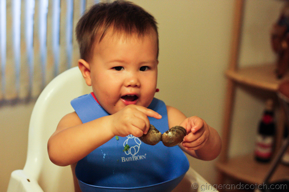 Clams with Asian Basil Sauce - Wee Scotch excited about his clam