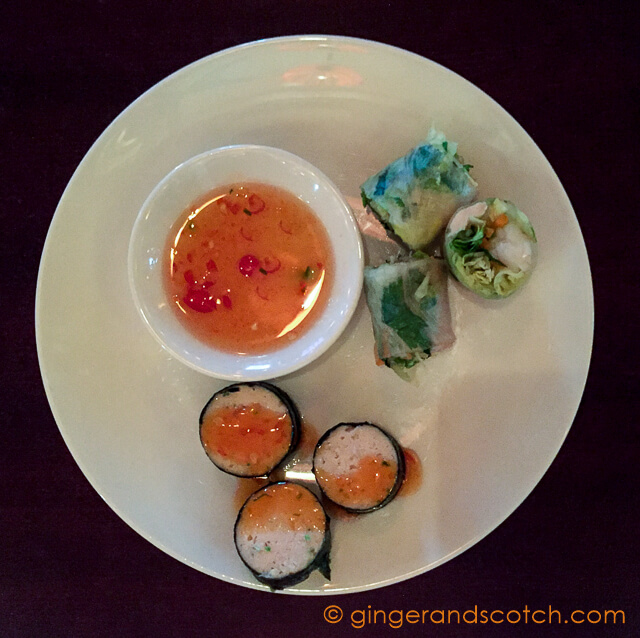Salmon roll with Vietnamese dill and Vietnames rice paper rolls with chicken, shrimp, and herbs served with home-made fish sauce