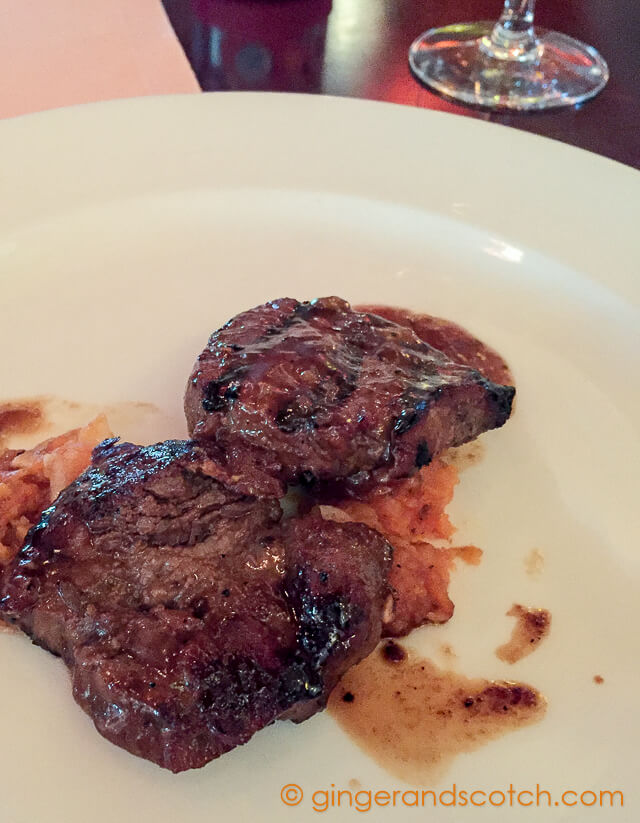 Grilled, marinated stiploin of beef with sweet potato and asparagus