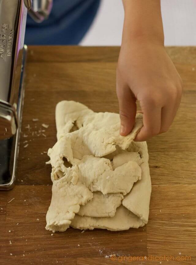 First pass of ramen dough through the pasta machine