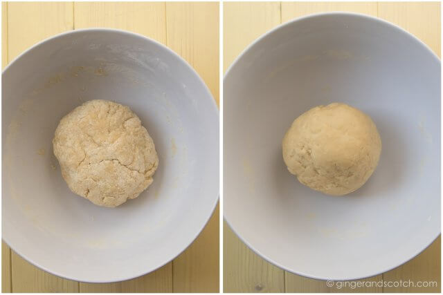 Comparing Chinese egg noodle dough: Dough when it was first mixed (left photo) and dough after 30 minutes of rest and a bit of kneading (right photo)