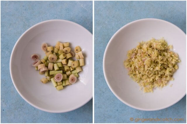 Cutting up lemongrass for Vietnamese Mi Bo Sate